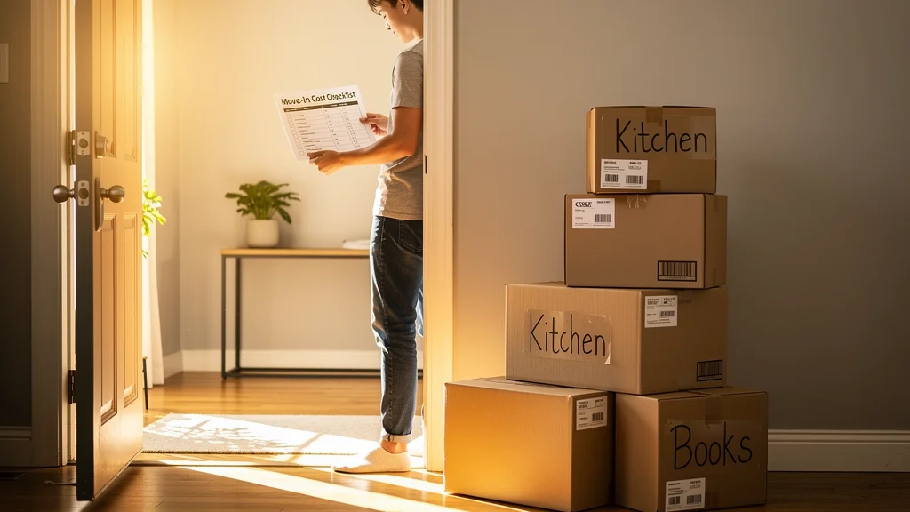 Moving boxes in a bright apartment living room