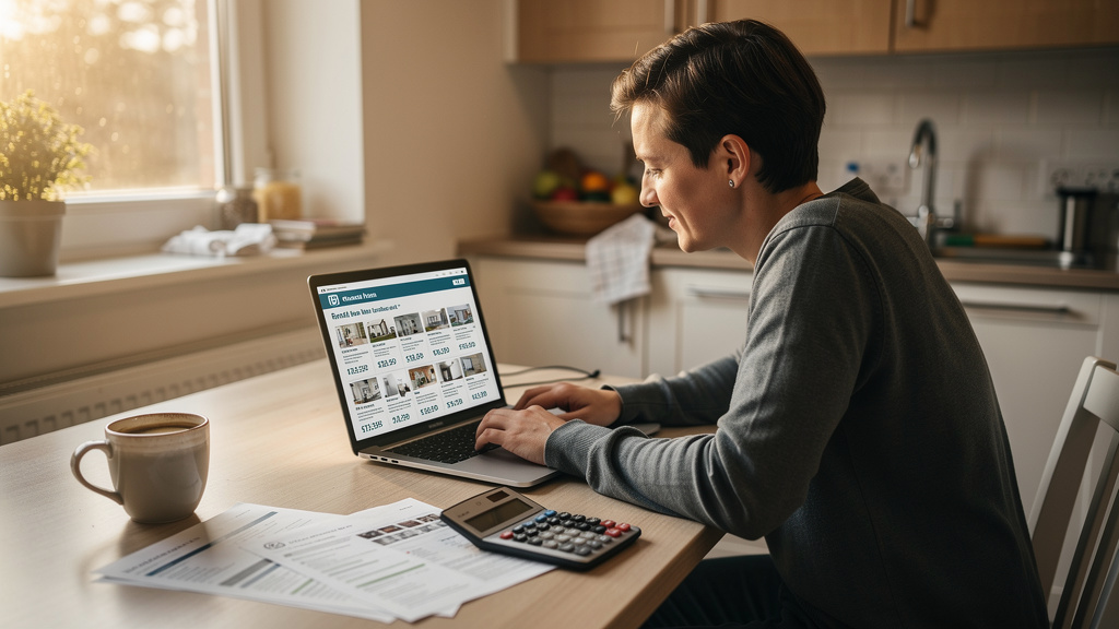 Budget calculator, rental listings, and apartment search documents arranged on a wooden desk