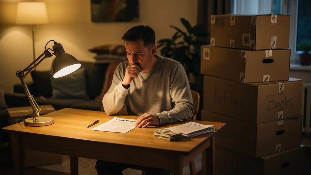 Renter reviewing lease renewal documents at kitchen table in a modern apartment