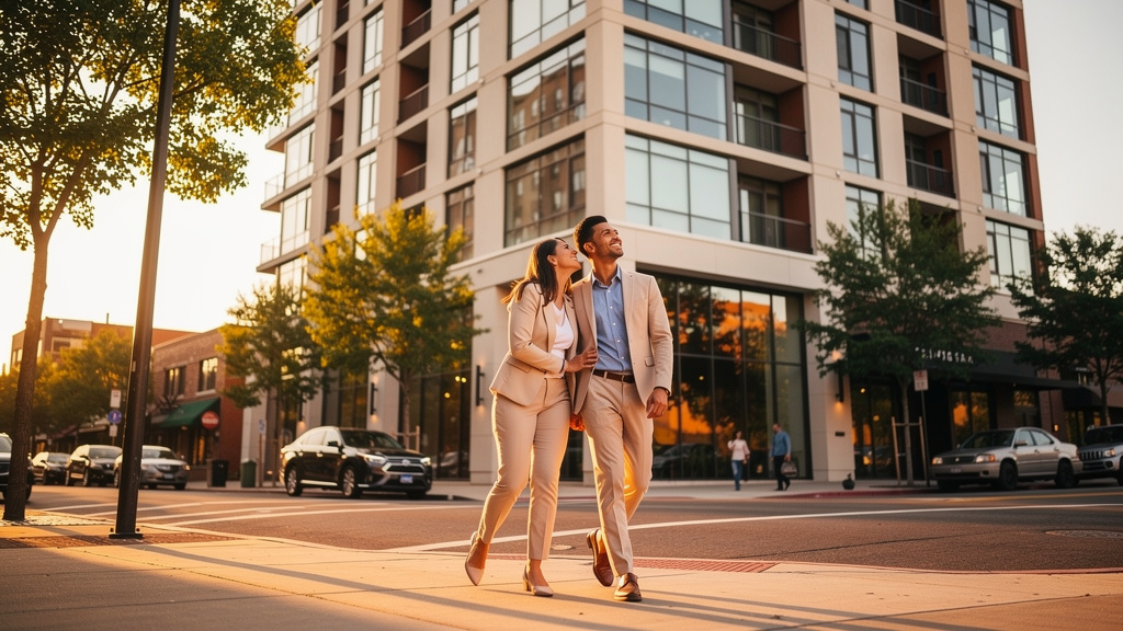 Young professional couple looking up at a modern apartment building exterior on a tree-lined urban street at golden hour