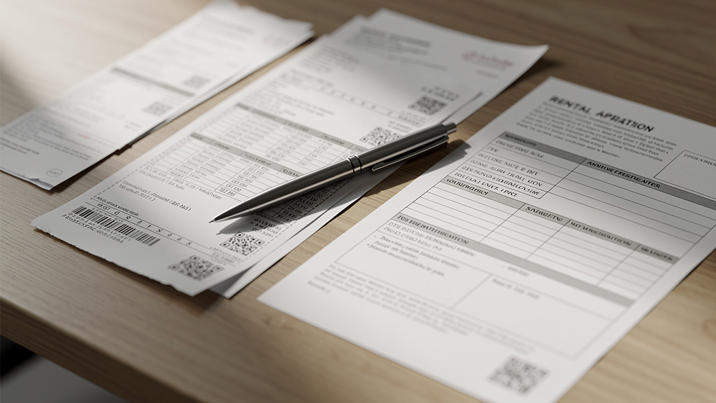 Close-up of hands reviewing a rental application form with pay stubs and financial documents on a desk