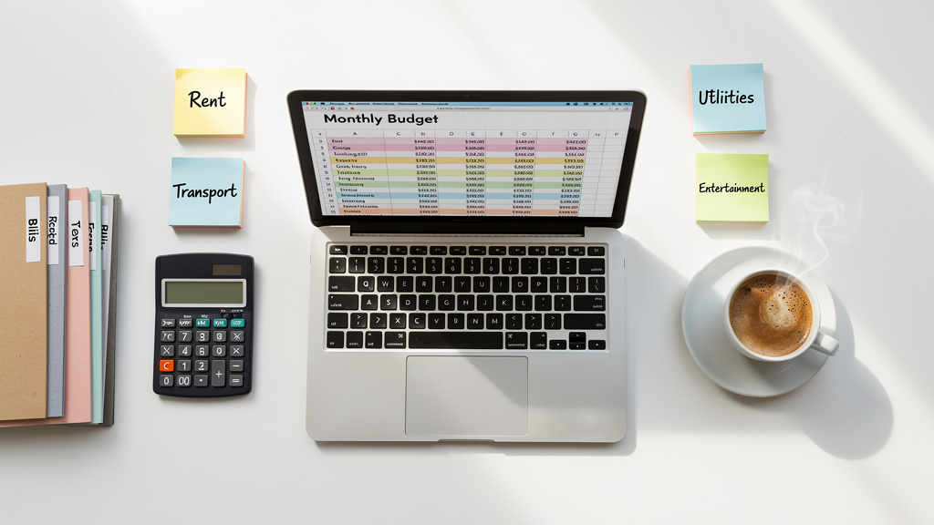 Monthly budget breakdown flat lay with colorful expense labels, laptop with spreadsheet, and organized stacks of money on a glass desk