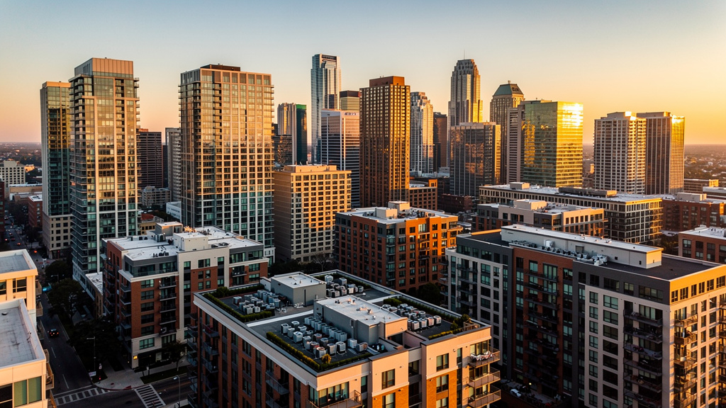 Aerial view of modern American city skyline at golden hour showing apartment buildings and residential towers