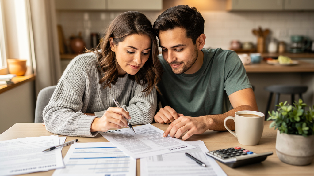 Parent and adult child sitting together at a kitchen table reviewing apartment paperwork and financial documents in warm natural light