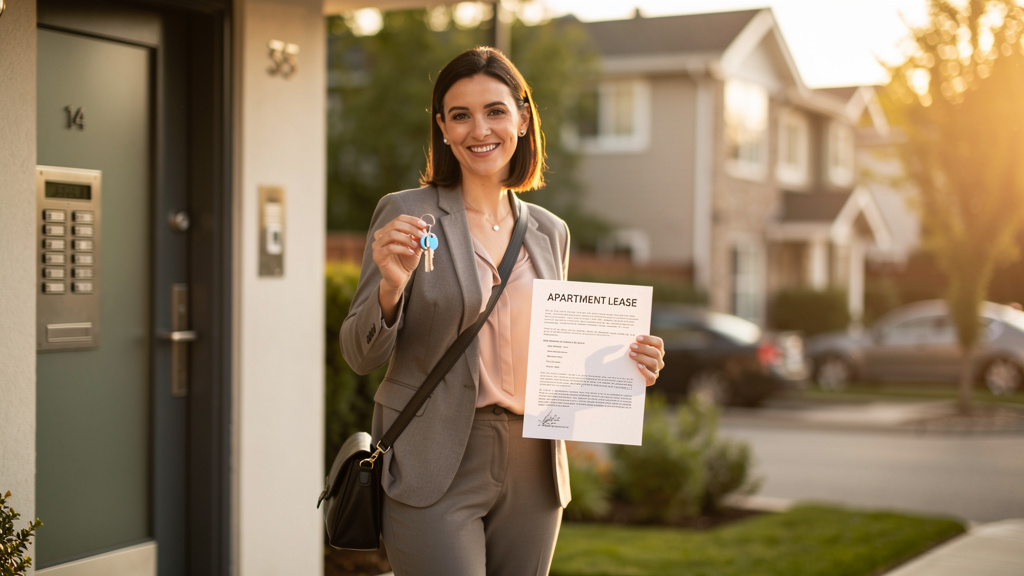 Young professional woman smiling while holding new apartment keys and a signed lease document in front of an apartment door