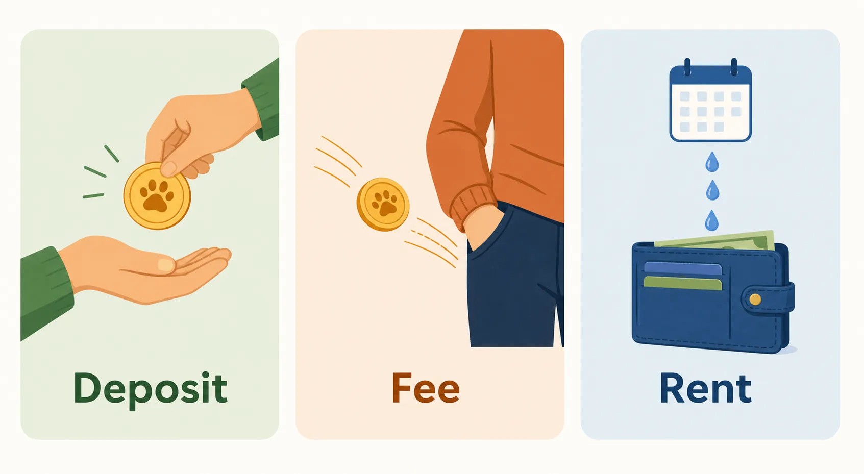 Three-way comparison graphic showing a pet deposit returning to a renter, a pet fee disappearing, and pet rent dripping out monthly