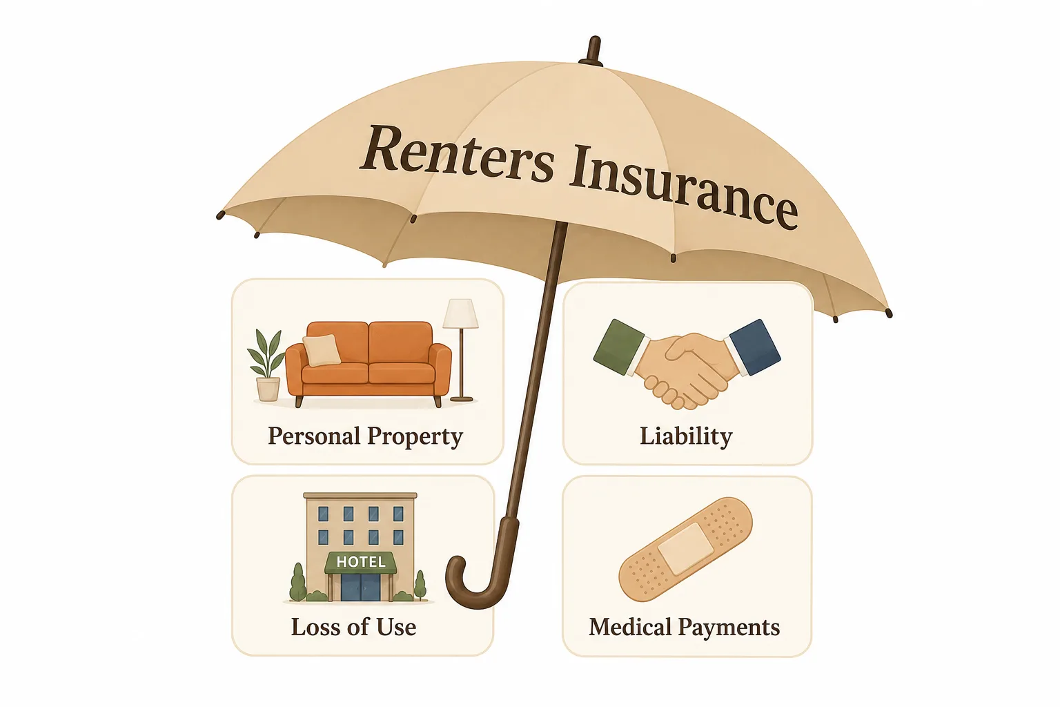 Illustration of a renters insurance umbrella covering a renter's belongings, liability, and temporary housing