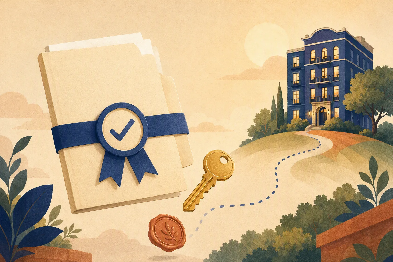 Rental application folder with an indigo checkmark ribbon, golden key and stamped seal, path leading to an apartment building