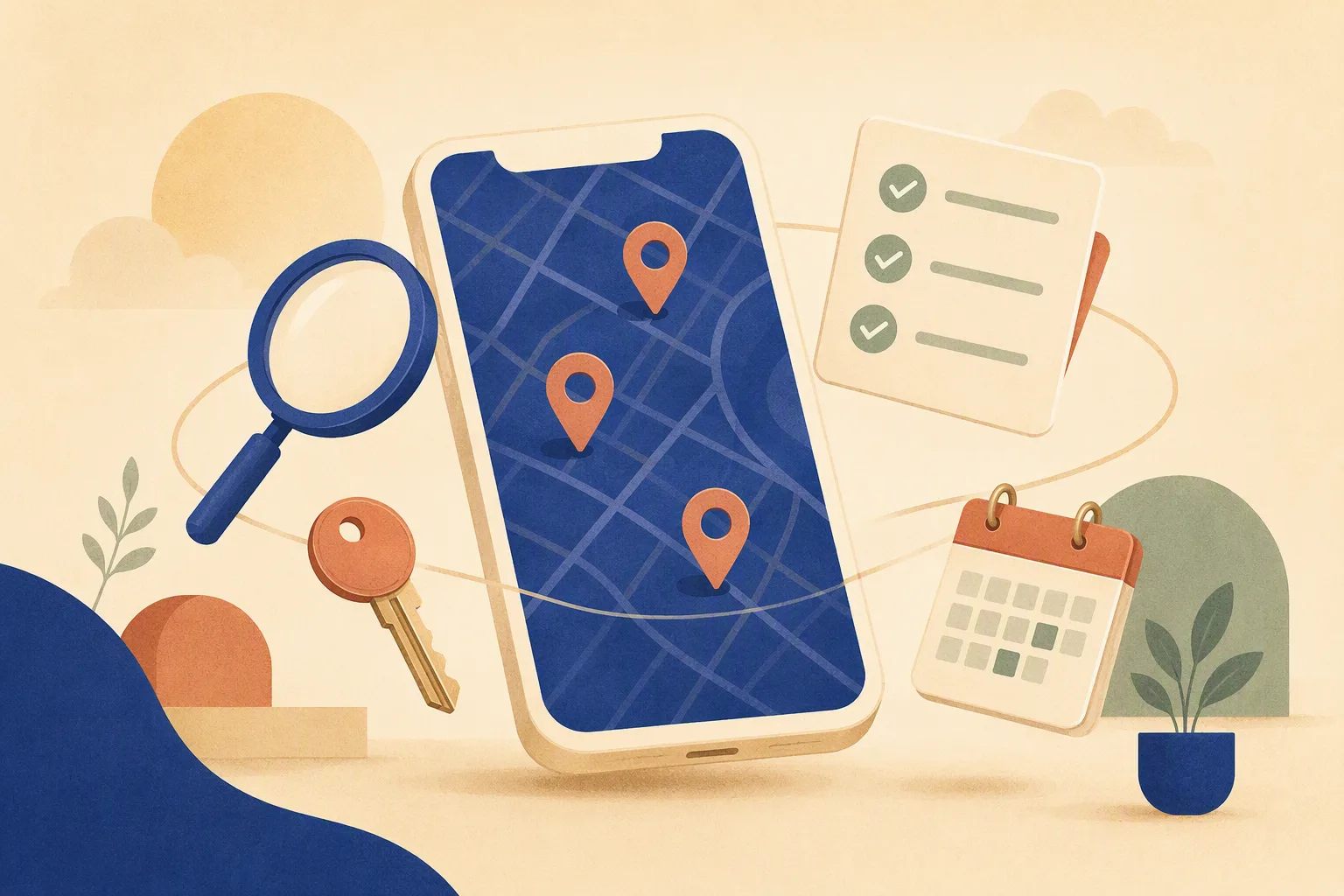 Smartphone with an indigo map and location pins orbited by a magnifying glass, key, checklist, and calendar cards