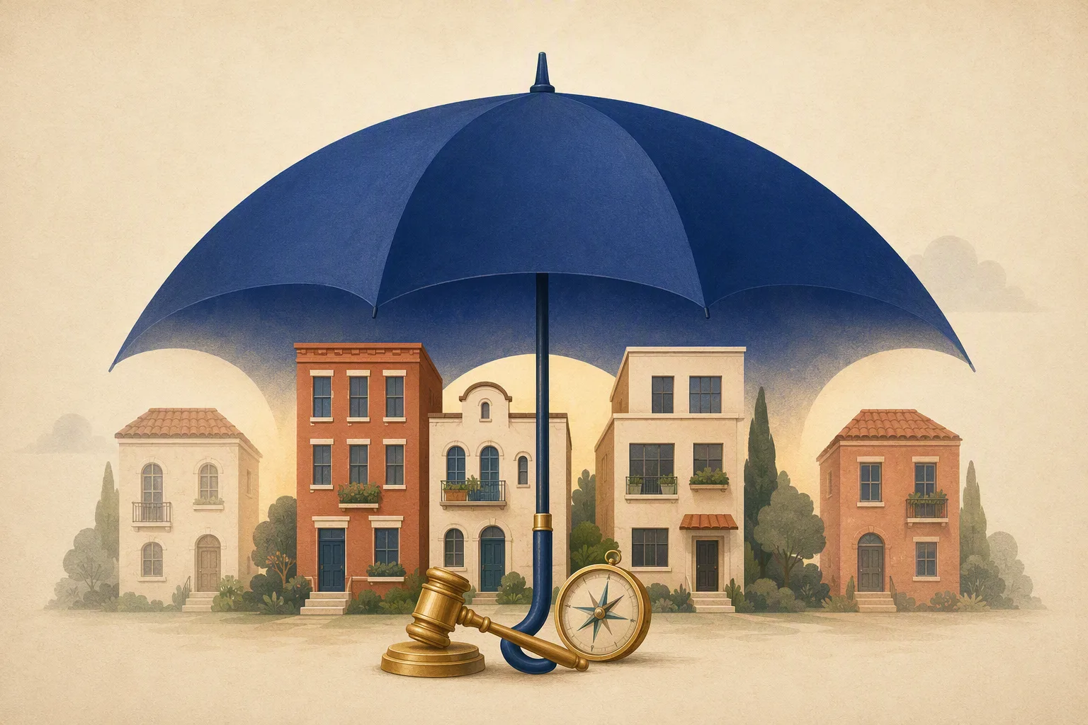 Indigo umbrella arching over a row of apartment buildings with coverage fading at the edges where two homes stand outside the protection