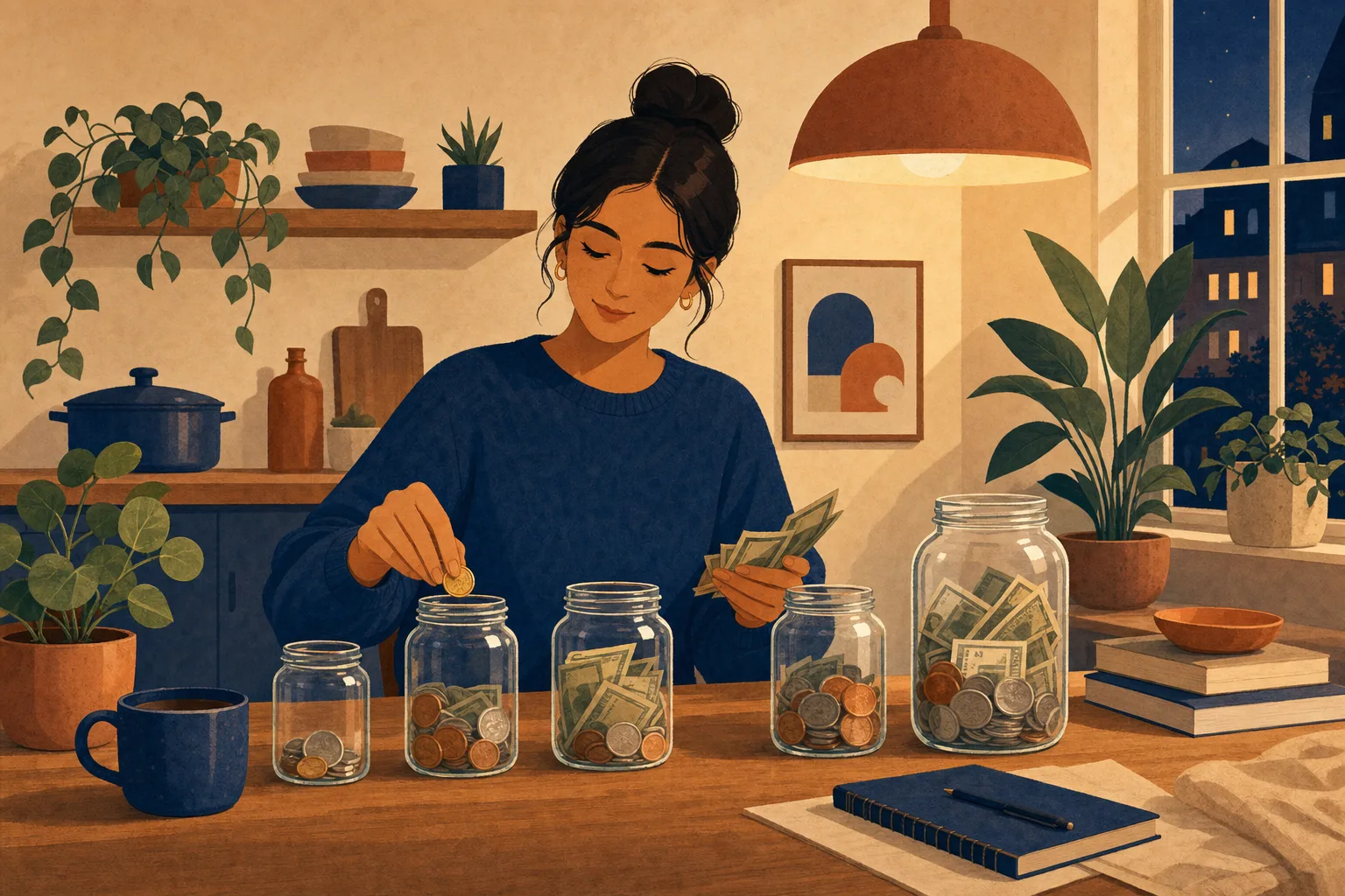 Person allocating coins into labeled budget jars at a kitchen table