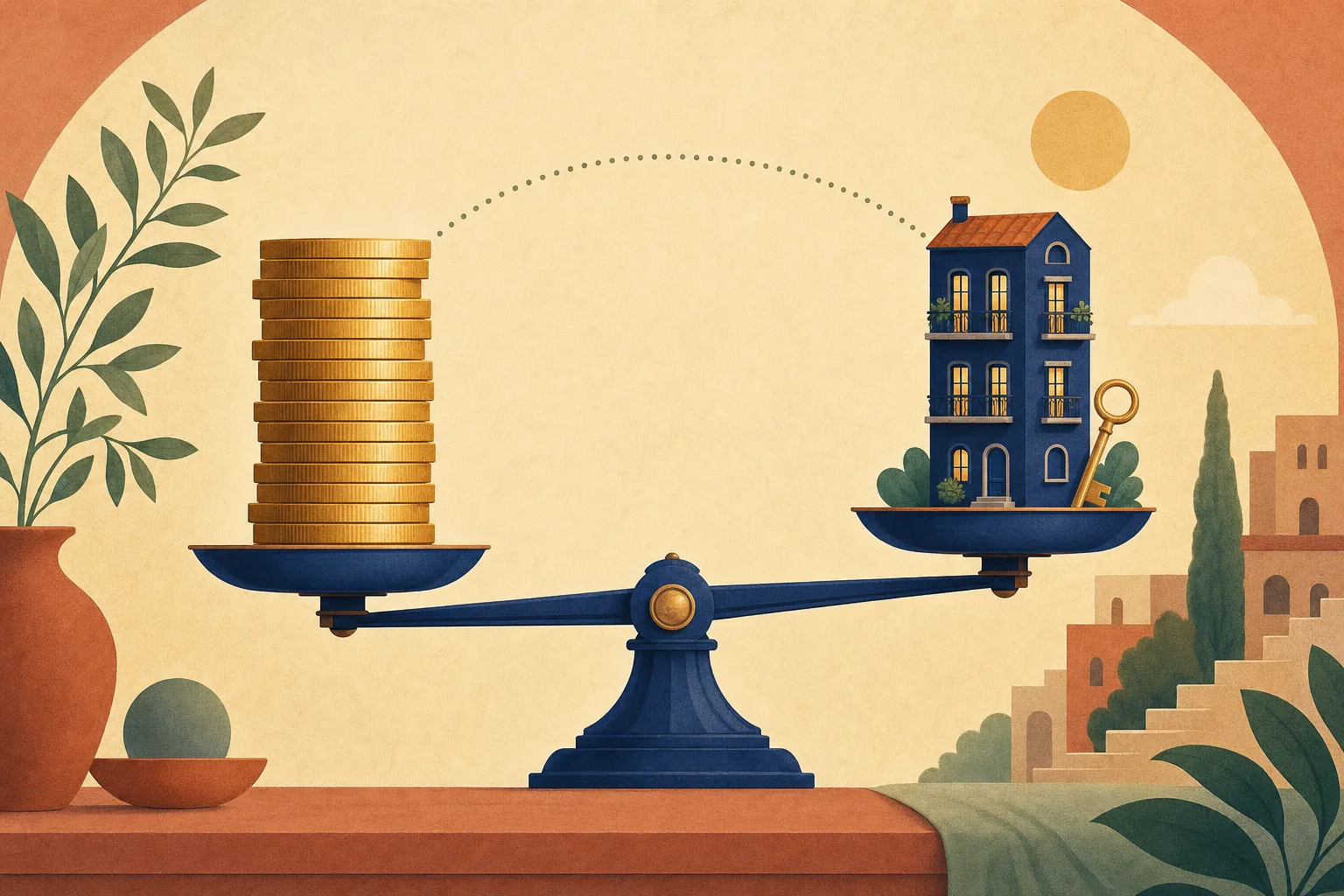 Balance scale weighing a tall stack of gold coins against a small indigo apartment building, illustrating the 3x rent income rule