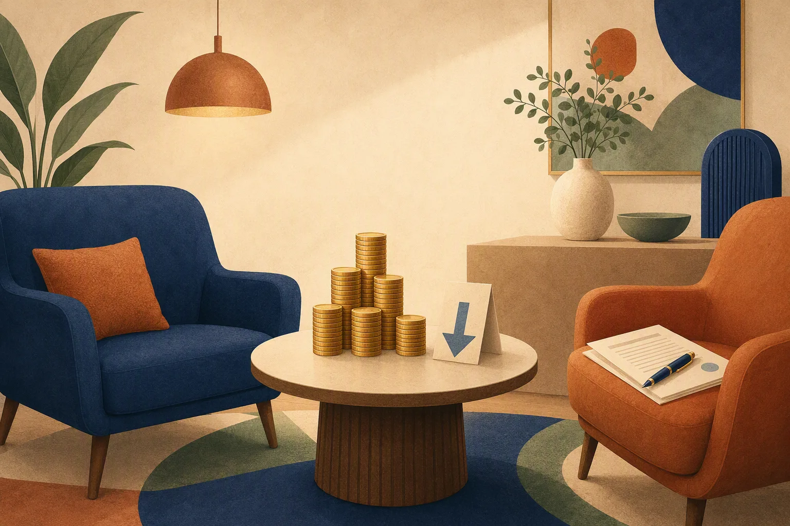 Two armchairs across a small table with balanced coins and a paper marked by a downward arrow, rent negotiation made calm