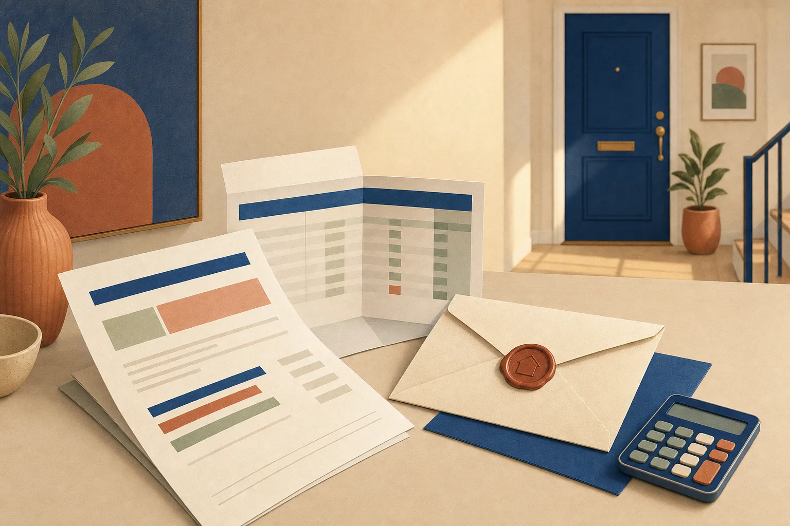 Fanned rental income documents on a cream desk - pay slip, bank statement, sealed envelope, and calculator leading toward an apartment door