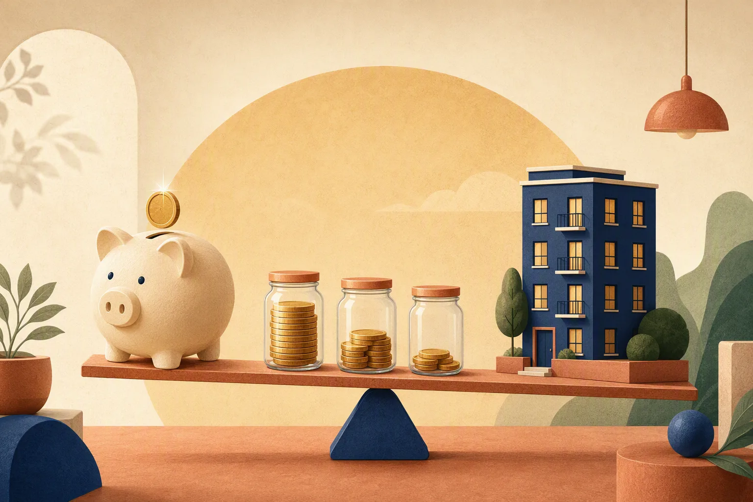 Piggy bank with a coin mid-drop beside three savings jars and a small apartment building on a seesaw with coins