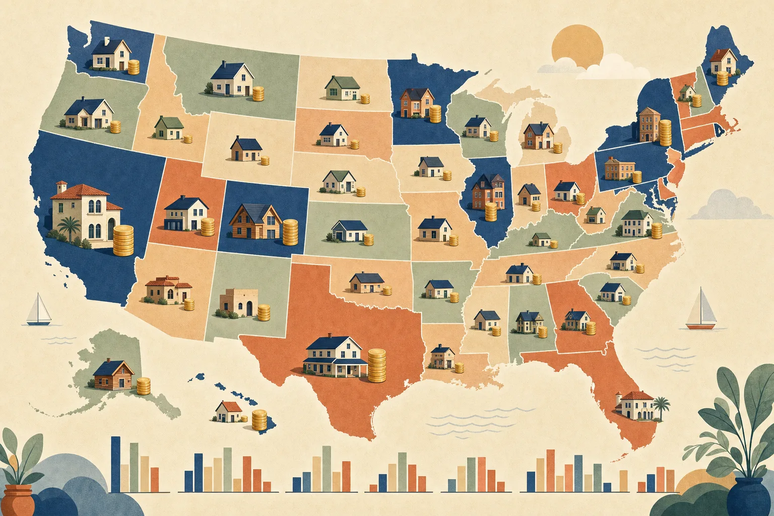 Stylized US map with house icons and coin stacks by state