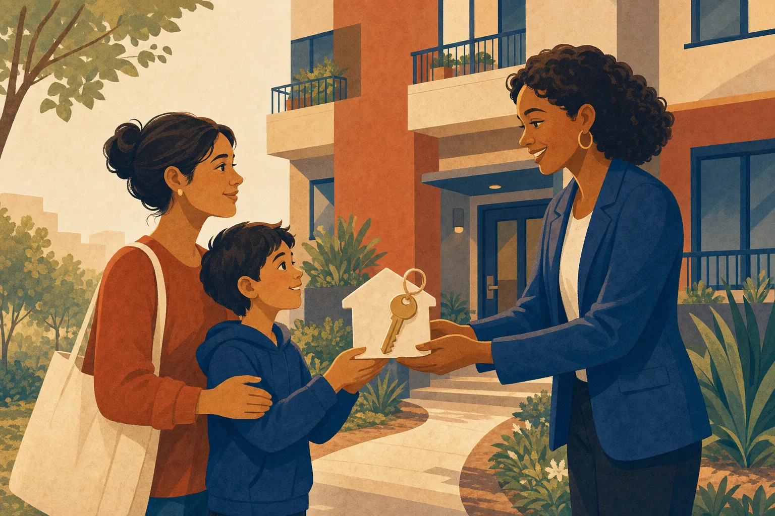 Parent and child receiving a house-shaped voucher from a housing counselor