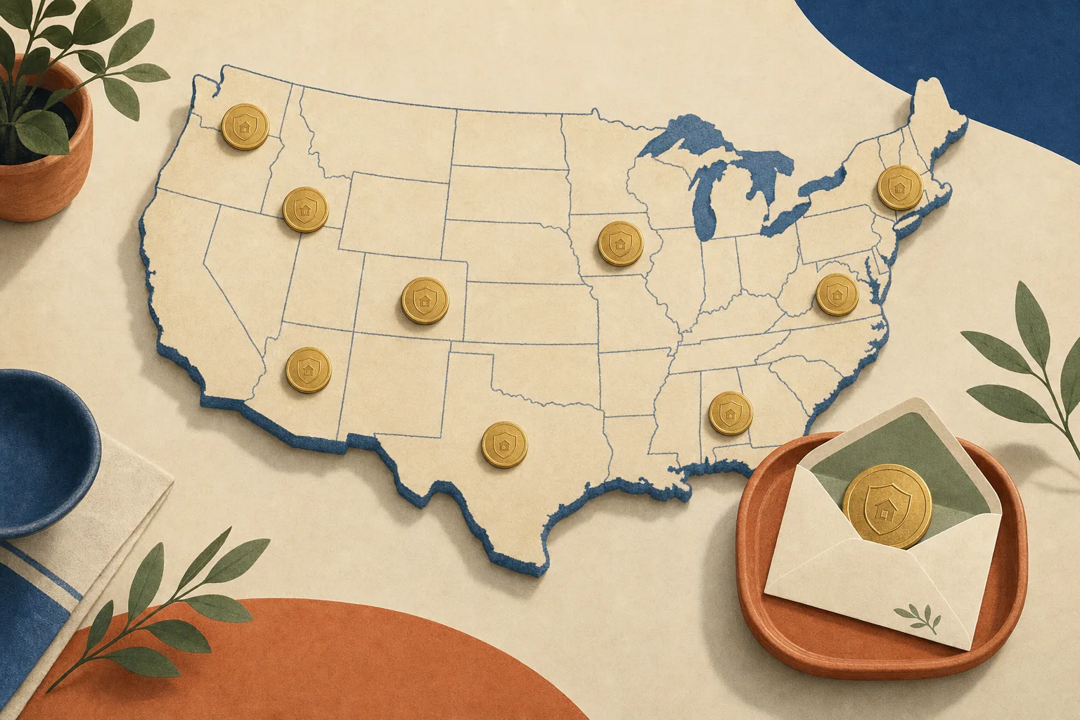 Stylized United States map on cream parchment with soft indigo boundaries, scattered gold coins, and an envelope returning a coin