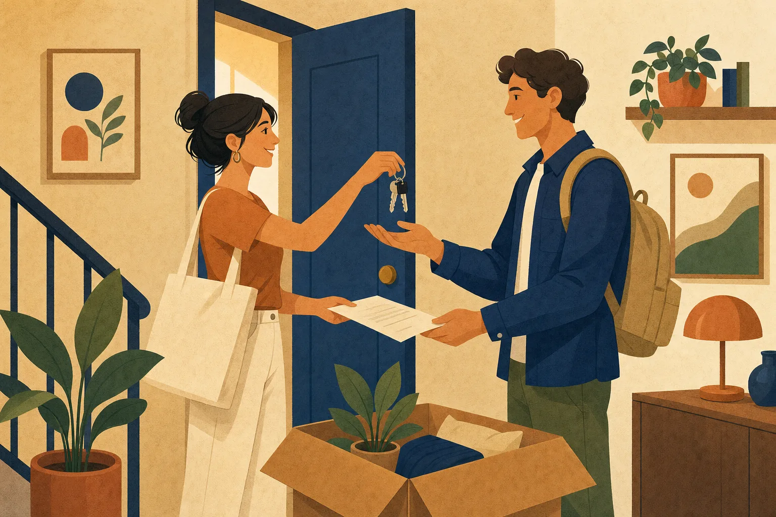 Departing tenant handing keys to a new subtenant at the door