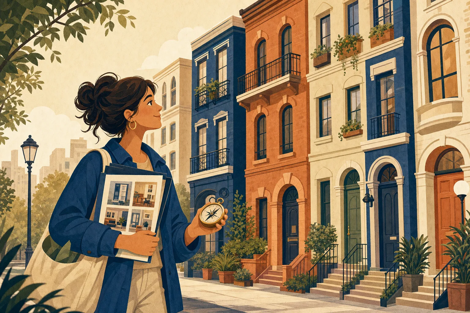Illustrated renter with listings folder walking a row of charming apartment buildings