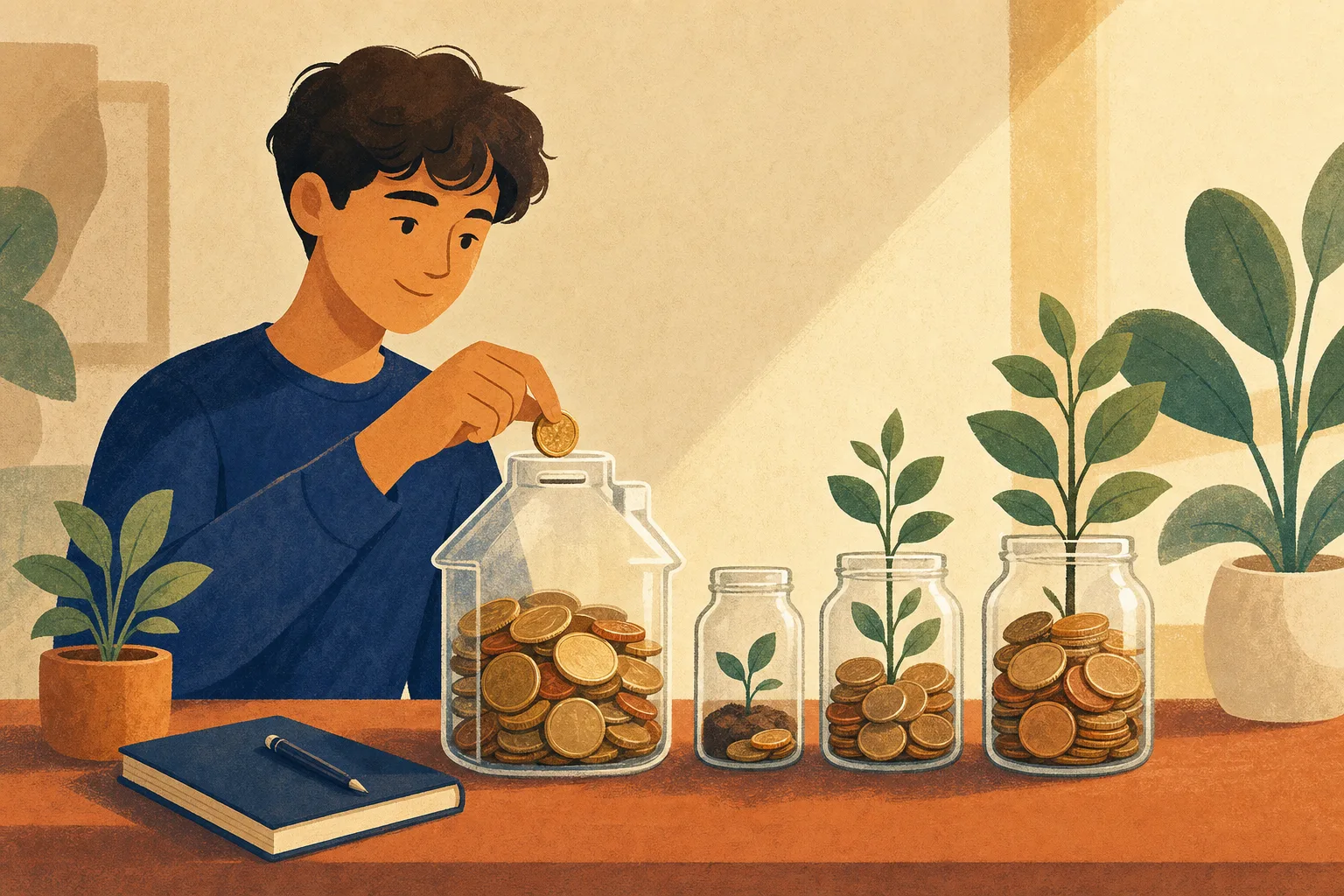 Illustrated person saving a coin into a house-shaped glass jar