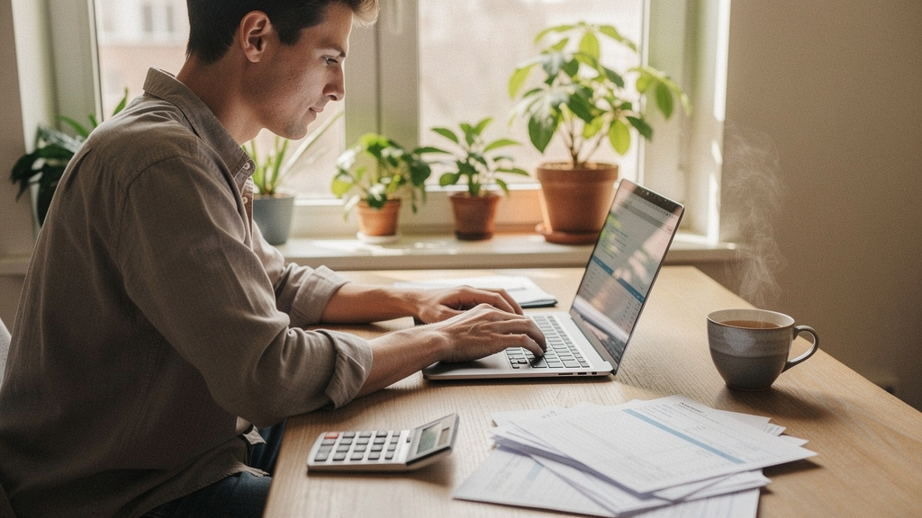 Freelance creative professional working at a laptop in a bright home office with invoices and a calculator on the desk