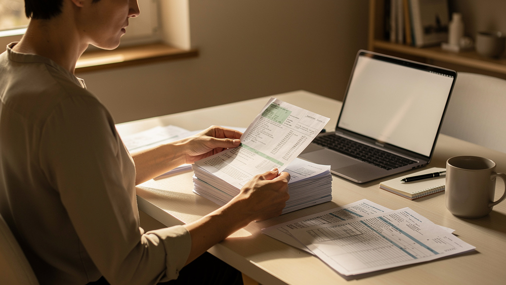 Person sitting at a home office desk organizing a neat stack of financial documents including pay stubs, bank statements, and tax forms in warm afternoon light