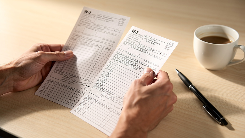Close-up of hands holding pay stubs and W-2 tax forms on a clean wooden desk with a pen and coffee cup nearby