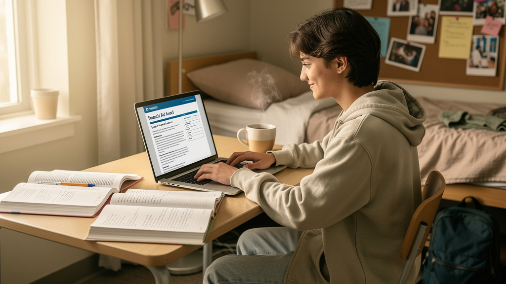 College student at a dorm room desk with a laptop showing financial aid documents, meal plan card, and part-time job badge nearby